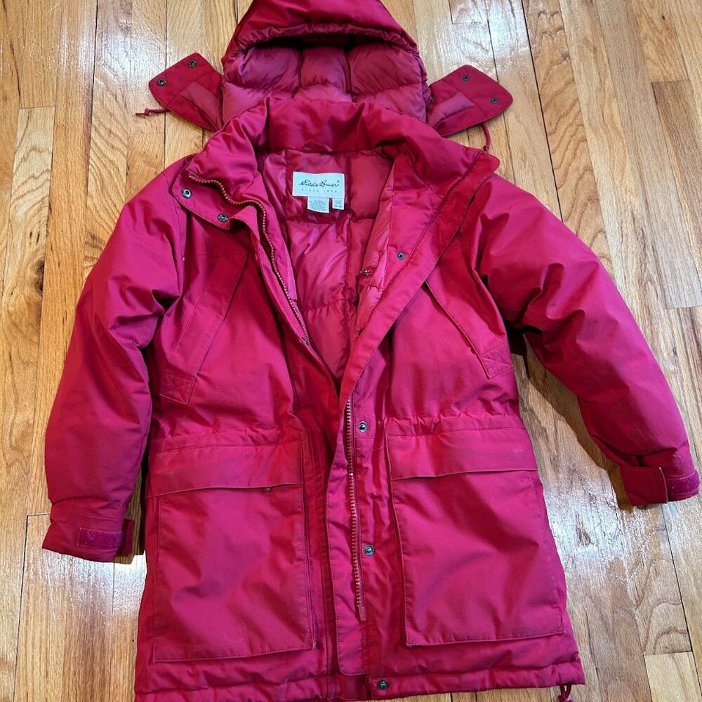 Eddie Bauer Womens Red Winter Parka Jacket Sz XS Warm Goose Down Nice !